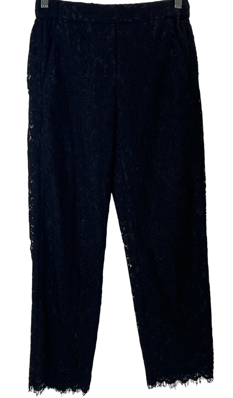 J Crew Black Floral Lace Fringed Lined Straight Leg Pants Size 0